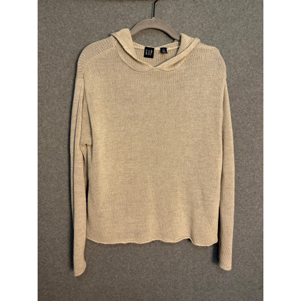 Gap Hooded Linen Blend Knit Sweater Beige Lightweight Boho Coastal M Granola